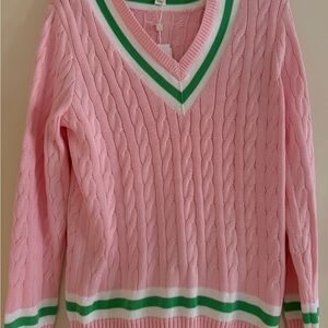 Lilly Pulitzer Pink V-Neck Sweater with Green and White Trim